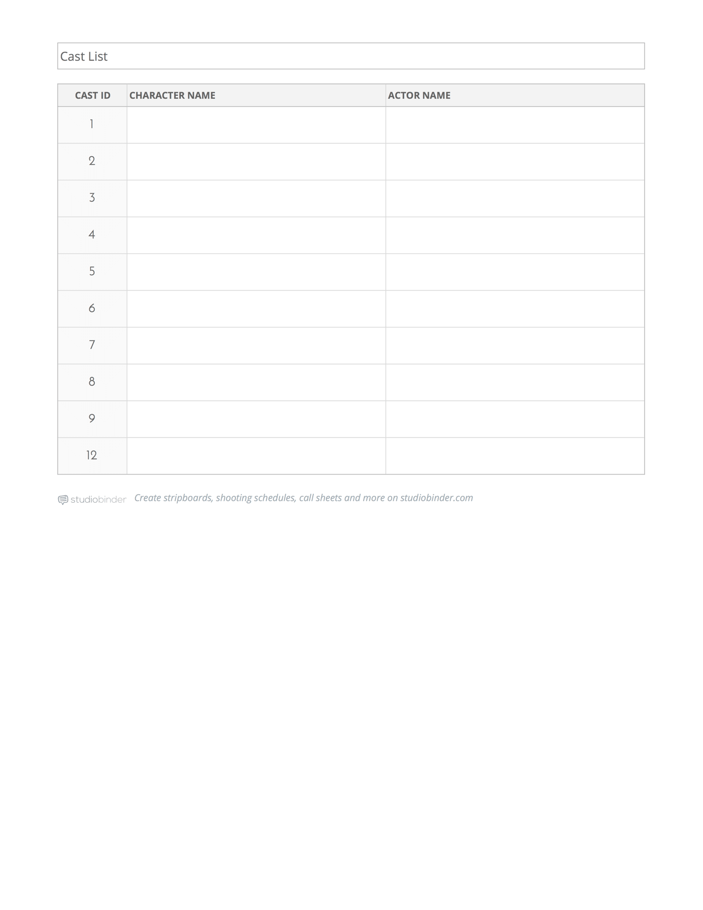 脚本分解表模板-演员列表-StudioBinder
